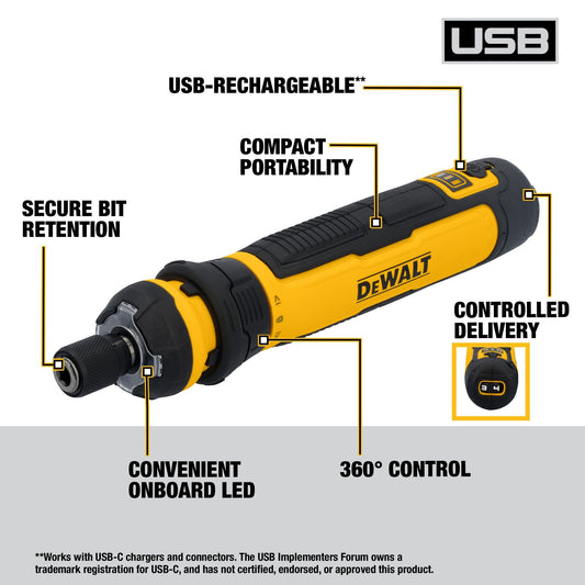 DEWALT Cordless Screwdriver USB Rechargeable with FLEXDRIVE Control and Screwdriver Bit Set, Electric Screwdriver Cordless with LED Light (DWHT66719)