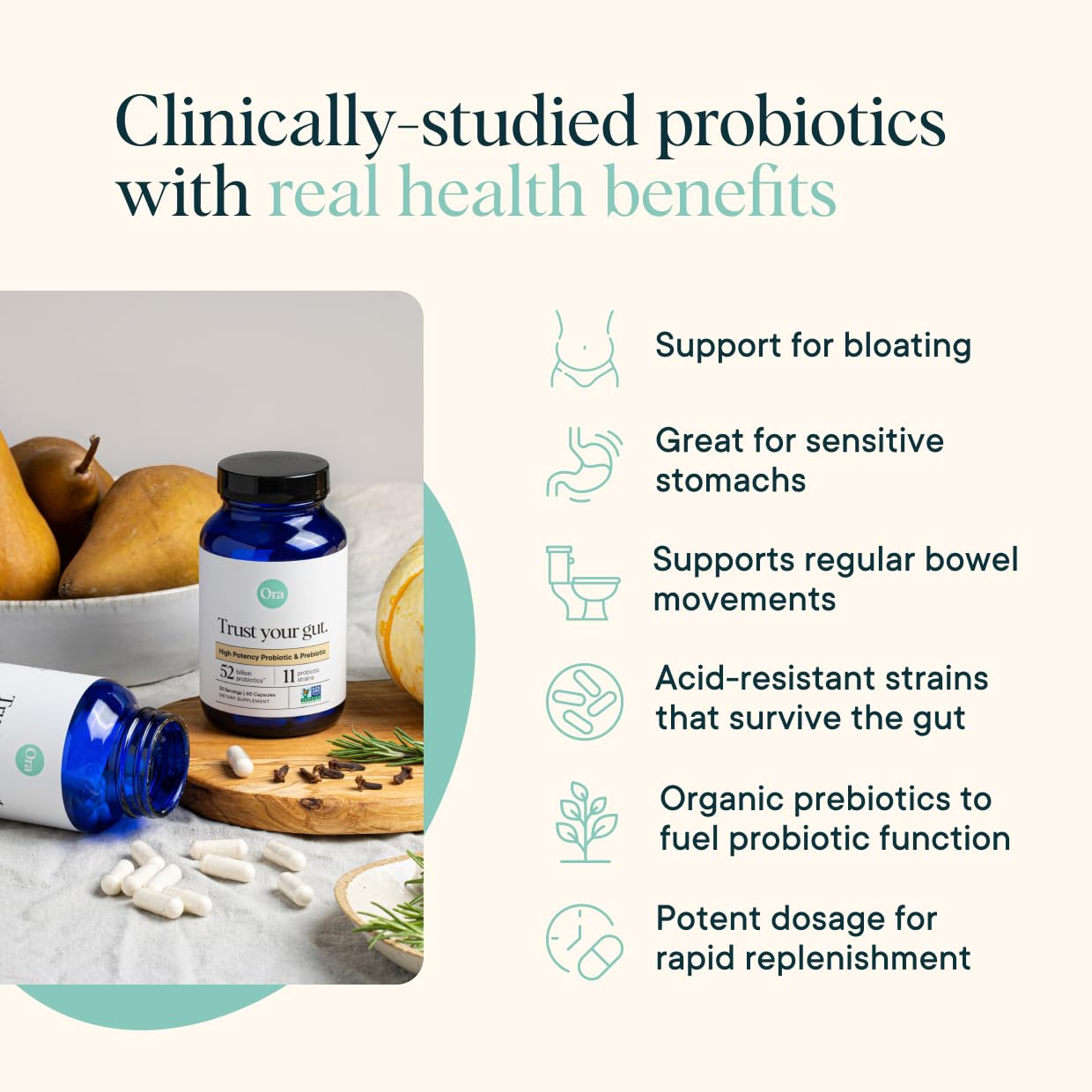 Ora Organic Probiotics and Prebiotics for Digestive Wellness - 16 Billion CFU, 6 Clinically Studied Strains, Vegan, Dairy & Gluten Free | Nourish Your Gut Health, 60 Capsules